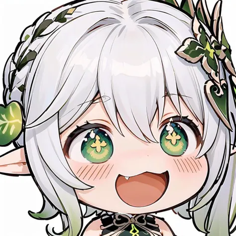 smile, :d, chibi, nahida \(genshin impact\), 1girl, solo, green eyes, pointy ears, multicolored hair, hair ornament, white hair, open mouth, white background, simple background, side ponytail, symbol-shaped pupils, blush, bangs, green hair, gradient hair, long hair, cross-shaped pupils, hair between eyes, female child