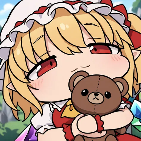 close-up, chibi, smug, (masterpiece),(best quality),1girl, flandre scarlet, touhou, hat, mob cap, solo, blonde hair, stuffed toy, red vest, wings, stuffed animal, teddy bear, red eyes, crystal, vest, white headwear, outdoor, short sleeves, one side up, holding, puffy sleeves, skirt, shirt, pointy ears, red skirt, looking at viewer, puffy short sleeves, ascot, yellow ascot, wrist cuffs, white shirt, holding stuffed toy, bow, frills, red bow, collared shirt, ribbon, frilled shirt collar, red ribbon, medium hair masterpiece, best quality, very aesthetic, absurdres