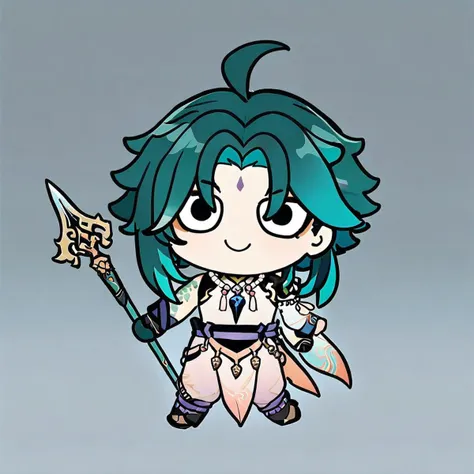 style-parody,chibi,full_body,(masterpiece),(best quality),1boy, solo, xiao \(genshin impact\), weapon, male focus, necklace, polearm, white background, jewelry, holding weapon, simple background, holding, smile, multicolored hair, bead necklace, green hair, full body, gloves, holding polearm, spear, asymmetrical clothes, tattoo, beads, ahoge, standing, closed mouth, bangs, detached sleeves, looking at viewer, facial mark, arm guards