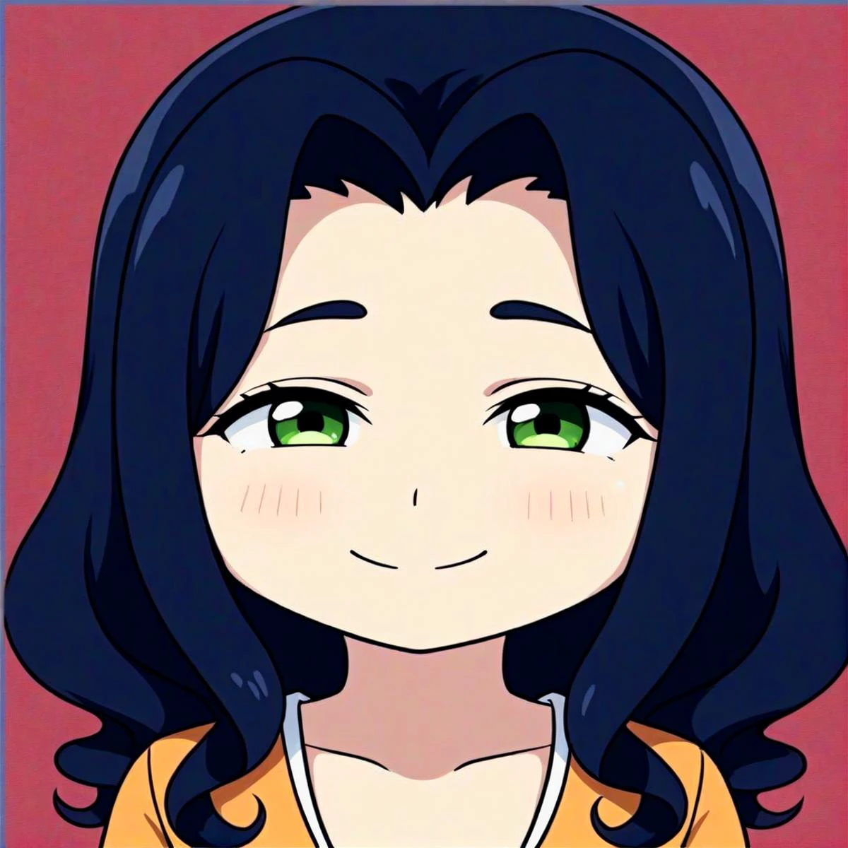 anime, best quality, (masterpiece:1.4), (high quality:1.4), sharp focus, 4k, absurd resolution, detailed hands, (curly hair), long hair, (black hair:1.6), mature female, (parted hair:1.7), (round face), (no_bangs:1.8), (no_fringe:1.8), <lora:ETO_OC_XL:0.7>, looking at viewer, (thick eyebrows:0.9), (plump:0.7), round-chin, (greenish brown eyes), (brownish green eyes), caucasian, down-turned eyes, (forehead:0.65), score_9, score_8_up, score_7_up, score_6_up, source_anime, <lora:anya-face_a30_xl:0.7> anya-face, smile, chibi,