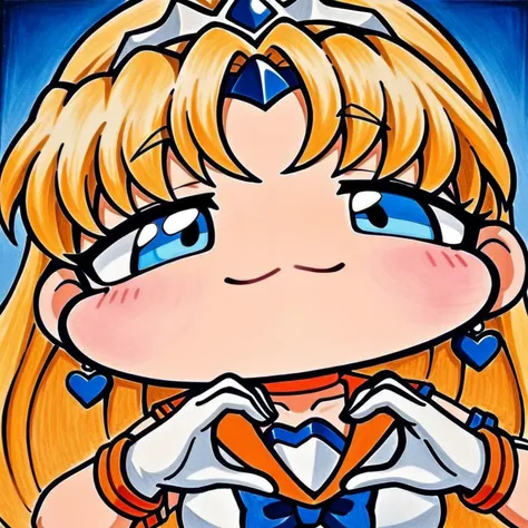 close-up, chibi, smug, (masterpiece),(best quality),1girl,sailor venus,masterpiece,best quality,very aesthetic,absurdres,aavenus,long hair,blonde hair,hair bow,tiara,blue eyes,earrings,orange choker,collarbone,orange sailor collar,blue bowtie,white shirt,white leotard,elbow gloves,white gloves,pleated skirt,orange skirt,heart hands,traditional media,