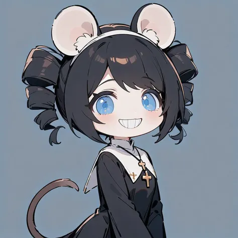 masterpiece,best quality,very aesthetic,absurdres,simple background,bust,from side,side view,1girl,ratkin,solo,upper body,mouse girl,white mouse ears,animal ear fluff,mouse tail,light blue eyes,black hair,swept bangs,(twin drills:1.2),hair over ears,long sleeves,nun,(black slit long dress:1.2),cross necklace,brown pantyhose,<lora:å§å´ç¬å¤§å¤´grin,chibi,teeth,smile:1>,grin,chibi,teeth,smile,