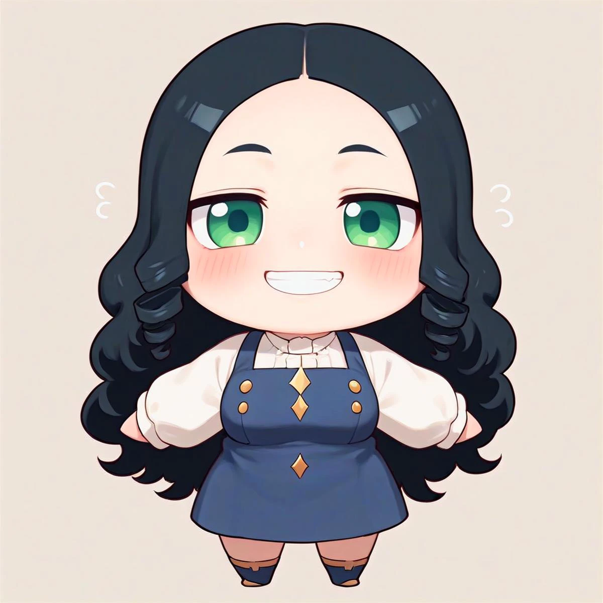 anime, best quality, (masterpiece:1.4), (high quality:1.4), sharp focus, 4k, absurd resolution, (curly hair), long hair, (black hair:1.6), mature female, (parted hair:1.7), (round face), (no_bangs:1.3), (no_fringe:1.6), <lora:ETO_OC_XL:0.6>, looking at viewer, (thick eyebrows:0.9), (plump:0.8), round-chin, (greenish brown eyes), (brownish green eyes), breasts, caucasian, down-turned eyes, blush, smug, (forehead:0.65), score_9, score_8_up, score_7_up, score_6_up, source_anime, <lora:grin_a30_xl:0.8> grin, (chibi:1.3), teeth, smile,