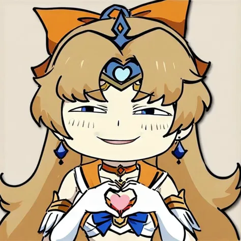 anya-face,(masterpiece),(best quality),1girl,sailor venus,masterpiece,best quality,very aesthetic,absurdres,aavenus,long hair,blonde hair,hair bow,tiara,blue eyes,earrings,orange choker,collarbone,orange sailor collar,blue bowtie,white shirt,white leotard,elbow gloves,white gloves,pleated skirt,orange skirt,heart hands,traditional media,