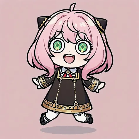 style-parody,chibi,full_body,(masterpiece),(best quality),Anya Forger, 1girl, anya \(spy x family\), solo, female child, pink hair, green eyes, school uniform, eden academy school uniform, smile, dress, sitting, looking at viewer, open mouth, black footwear, black dress, child, shirt, :d, long sleeves, full body, shoes, medium hair, bangs, ahoge, white pantyhose, collared shirt