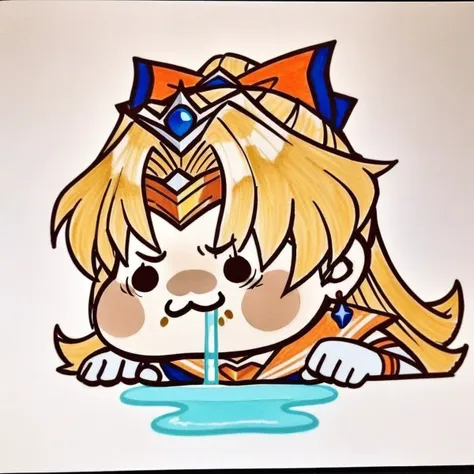 chibi,drooling,food on face,:3,(masterpiece),(best quality),1girl,sailor venus,masterpiece,best quality,very aesthetic,absurdres,aavenus,long hair,blonde hair,hair bow,tiara,blue eyes,earrings,orange choker,collarbone,orange sailor collar,blue bowtie,white shirt,white leotard,elbow gloves,white gloves,pleated skirt,orange skirt,heart hands,traditional media,