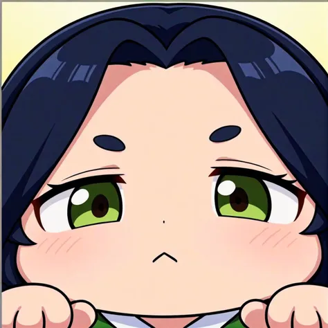 anime, best quality, (masterpiece:1.4), (high quality:1.4), sharp focus, 4k, absurd resolution, detailed hands, (curly hair), long hair, (black hair:1.6), mature female, (parted hair:1.7), (round face), (no_bangs:1.8), (no_fringe:1.8), <lora:ETO_OC_XL:0.7>, looking at viewer, (thick eyebrows:0.9), (plump:0.7), round-chin, (greenish brown eyes), (brownish green eyes), caucasian, down-turned eyes, (forehead:0.65), score_9, score_8_up, score_7_up, score_6_up, source_anime, <lora:_close-up_A3.0_XL:0.6> close-up, chibi, :<