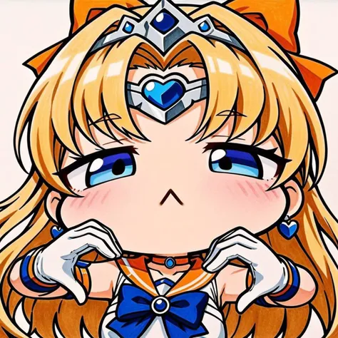 close-up, chibi, :<, (masterpiece),(best quality),1girl,sailor venus,masterpiece,best quality,very aesthetic,absurdres,aavenus,long hair,blonde hair,hair bow,tiara,blue eyes,earrings,orange choker,collarbone,orange sailor collar,blue bowtie,white shirt,white leotard,elbow gloves,white gloves,pleated skirt,orange skirt,heart hands,traditional media,