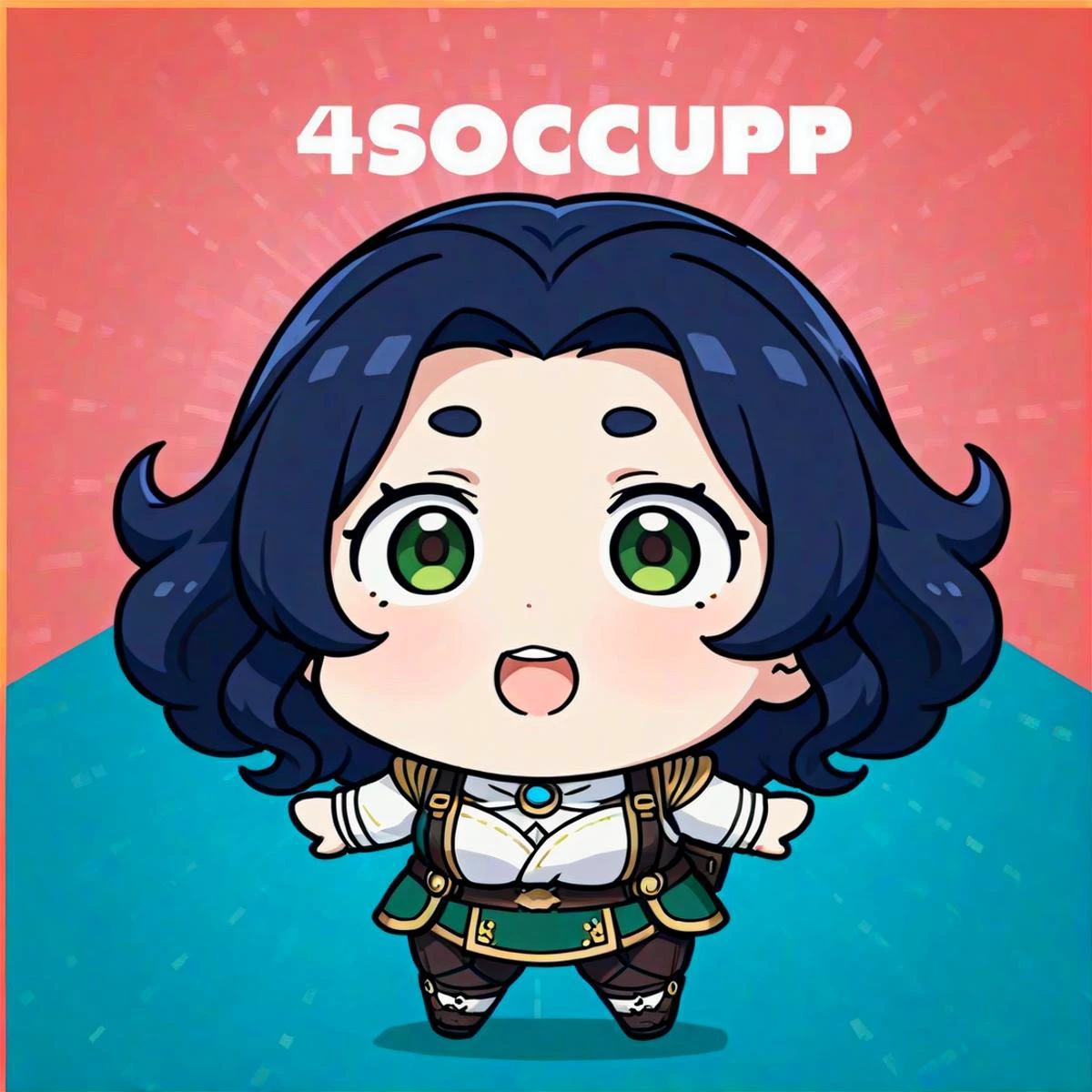 anime, best quality, (masterpiece:1.4), (high quality:1.4), sharp focus, 4k, absurd resolution, detailed hands, (curly hair), long hair, (black hair:1.6), mature female, (parted hair:1.7), (round face), (no_bangs:1.8), (no_fringe:1.8), <lora:ETO_OC_XL:0.7>, looking at viewer, (thick eyebrows:0.9), (plump:0.7), round-chin, (greenish brown eyes), (brownish green eyes), caucasian, down-turned eyes, (forehead:0.65), score_9, score_8_up, score_7_up, score_6_up, source_anime, <lora:style-parody_A3.0_XL:0.8> style-parody, chibi, full_body, open mouth,