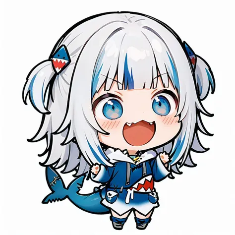 smile, :d, chibi,full_body,(masterpiece),(best quality),1girl, gawr gura, virtual youtuber, tail, fish tail, shark tail, solo, blue eyes, multicolored hair, grey hair, full body, blue hair, streaked hair, bangs, hair ornament, shark hair ornament, two side up, white background, hood, blunt bangs, shark girl, hoodie, simple background, blue hoodie