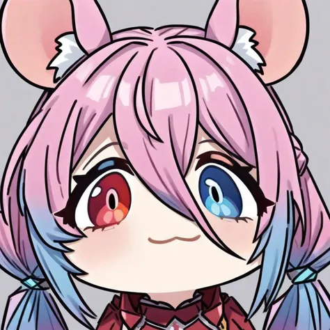 masterpiece,best quality,very aesthetic,absurdres,simple background,grey background,1girl,mouse girl,animal ear fluff,mouse ears,mouse tail,heterochromia,blue eye,red eye,(up to down gradient hair:1.2),(blue to pink hair:1.2),streaked hair,hair between eyes,(long hair:1.1),(high twintails:1.2),long sleeves,armor,red dress,<lora:é¸å¸å¤§å¤´è¡¨æ big-head,chibi,portrait,åå·3,:1>,big-head,chibi,portrait,:3,