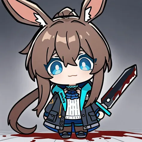 big-haed,chibi,:3, full_body,(masterpiece),(best quality),1girl, animal ears, amiya (arknights), solo, blue eyes, rabbit ears, long hair, holding, looking at viewer, blood, weapon, blue ascot, holding weapon, brown hair, ascot, hair between eyes, sword, holding sword, jacket, blood on face, closed mouth, open clothes, sidelocks, open jacket, jewelry, shirt, neck ring, white shirt, black jacket, ponytail, glowing,