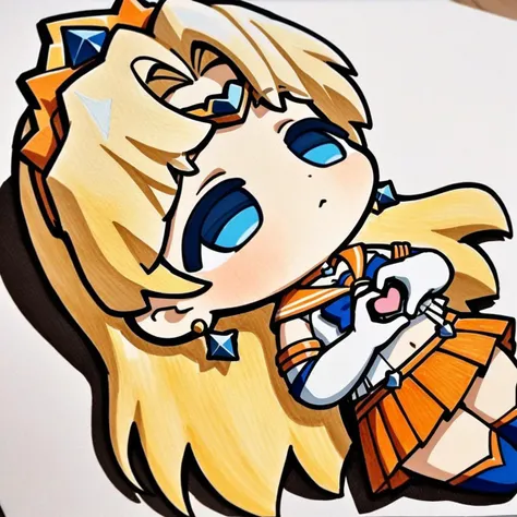 lying-on-back, chibi,(masterpiece),(best quality),1girl,sailor venus,masterpiece,best quality,very aesthetic,absurdres,aavenus,long hair,blonde hair,hair bow,tiara,blue eyes,earrings,orange choker,collarbone,orange sailor collar,blue bowtie,white shirt,white leotard,elbow gloves,white gloves,pleated skirt,orange skirt,heart hands,traditional media,
