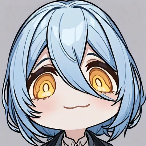 masterpiece,best quality,very aesthetic,absurdres,simple background,grey background,1girl,yellow eyes,light blue hair,bangs,hair between eyes,medium hair,long sleeves,grey button open coat,white button shirt,<lora:é¸å¸å¤§å¤´è¡¨æ
big-head,chibi,portrait,åå·3,:1>,big-head,chibi,portrait,:3,