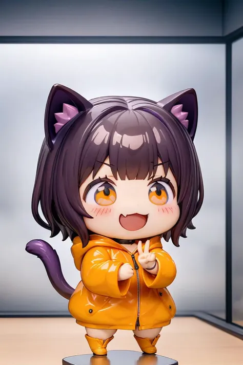 chibi,smile,masterpiece, best quality, amazing aestethics, 4k, 1girl, orange raincoat, cute, (pvc figure style:1.4), figure, solo, (orange raincoat, baggy clothing:1.3), perfect fingers, hand inside pocket, hand doing peace sign, thick thighs, hood down, blush, short hair, hair covering eyes, eyes no visible, bangs, wearing black chocker, cat smile, visible fang, purple hair, purple cat ears, purple cat tail, standing, indoors, orange boots, basic background,  blurry background, cowboy shoot:1.3, (foggy background, inside, clear room, on table:1.2)