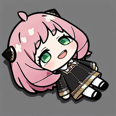 lying-on-back, chibi,(masterpiece),(best quality),Anya Forger, 1girl, anya \(spy x family\), solo, female child, pink hair, green eyes, school uniform, eden academy school uniform, smile, dress, sitting, looking at viewer, open mouth, black footwear, black dress, child, shirt, :d, long sleeves, full body, shoes, medium hair, bangs, ahoge, white pantyhose, collared shirt