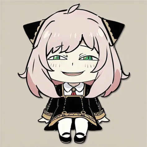 anya-face,(masterpiece),(best quality),Anya Forger, 1girl, anya \(spy x family\), solo, female child, pink hair, green eyes, school uniform, eden academy school uniform, smile, dress, sitting, looking at viewer, open mouth, black footwear, black dress, child, shirt, :d, long sleeves, full body, shoes, medium hair, bangs, ahoge, white pantyhose, collared shirt