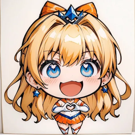 smile, :d, chibi,full_body,(masterpiece),(best quality),1girl,sailor venus,masterpiece,best quality,very aesthetic,absurdres,aavenus,long hair,blonde hair,hair bow,tiara,blue eyes,earrings,orange choker,collarbone,orange sailor collar,blue bowtie,white shirt,white leotard,elbow gloves,white gloves,pleated skirt,orange skirt,heart hands,traditional media,