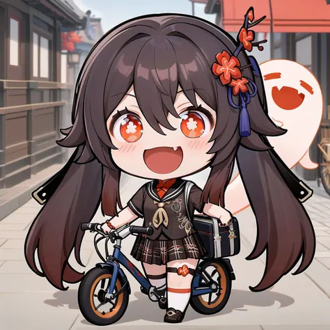 smile, :d, chibi,1girl, hu tao \(genshin impact\), ground vehicle, twintails, red eyes, bicycle, brown hair, hair ornament, skirt, looking at viewer, symbol-shaped pupils, long hair, solo, hair flower, flower, boo tao \(genshin impact\), smile, school uniform, outdoors, ghost, boat, shirt, bag, short sleeves, holding, watercraft, shoes, plaid, alternate costume, thigh strap,