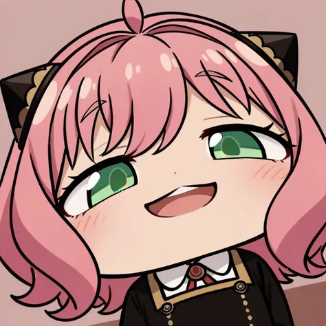 close-up, chibi, smug, (masterpiece),(best quality),Anya Forger, 1girl, anya \(spy x family\), solo, female child, pink hair, green eyes, school uniform, eden academy school uniform, smile, dress, sitting, looking at viewer, open mouth, black footwear, black dress, child, shirt, :d, long sleeves, full body, shoes, medium hair, bangs, ahoge, white pantyhose, collared shirt