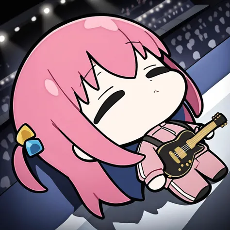 lying-on-back, chibi,(masterpiece),(best quality),1/girl, gotoh_hitori, bocchi_the_rock!, masterpiece, best quality, very aesthetic, absurdres, standing, stadium, holding guitar, facing viewer, nervous expression, pink tracksuit, audience background, stage lights, night, 2.5D,