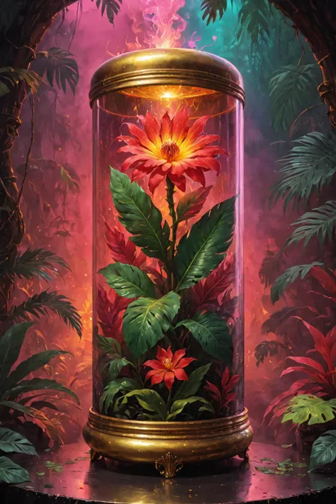 contained color, jungle background, painting of a magic flower in a large cylindrical elegant golden container, red smoke,  ( retrowave glass) ,<lora:Contained_Color_SDXL:.5>