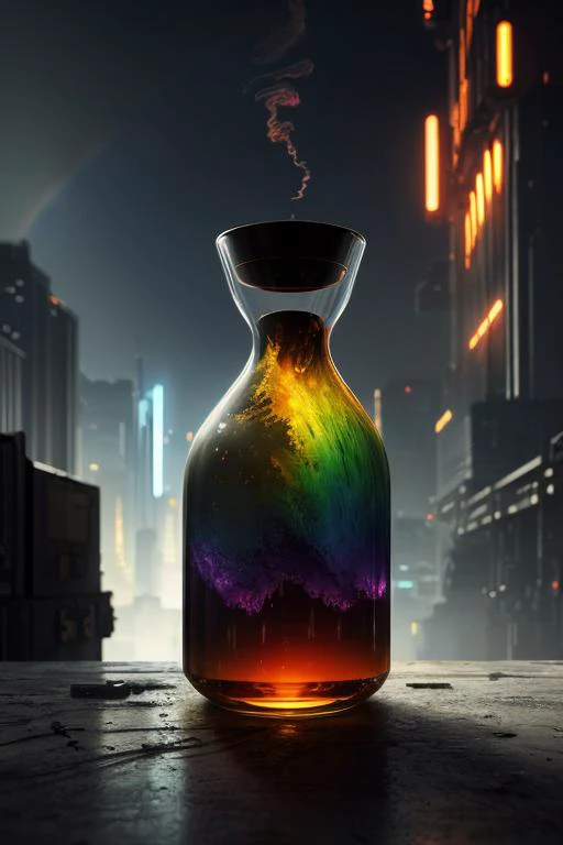 ultra realistic 8k cg, flawless, clean, masterpiece, professional artwork, famous artwork, cinematic lighting, cinematic bloom, (((photo raw)), background), a large rainbow glass cyberpunk container with a construction yard inside, yellow smoke <lora:Contained_Color_SDXL:1>