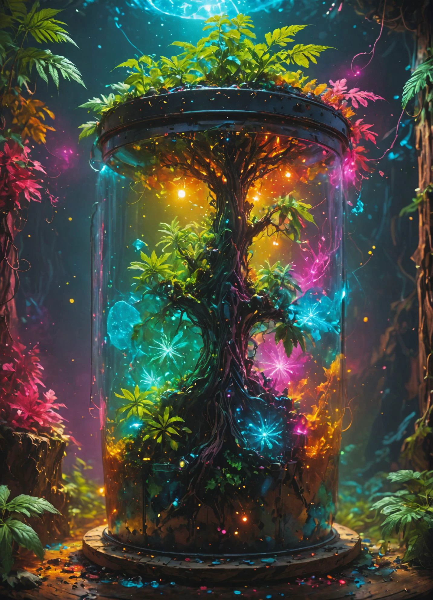 "the space bucket" (mystical:0.1), marijuana tree, inside wood storage container made of transparent material, grow lights, uv, with a peaceful weed gracefully chilling in the music room, symbols, intricate details, colorful, abstract, realism, <lora:SDXLFaeTastic2400:0.8> <lora:Contained_Color_SDXL:1> Contained Color <lora:MJ52:0.8> <lora:RMSDXL_Creative:1.0>