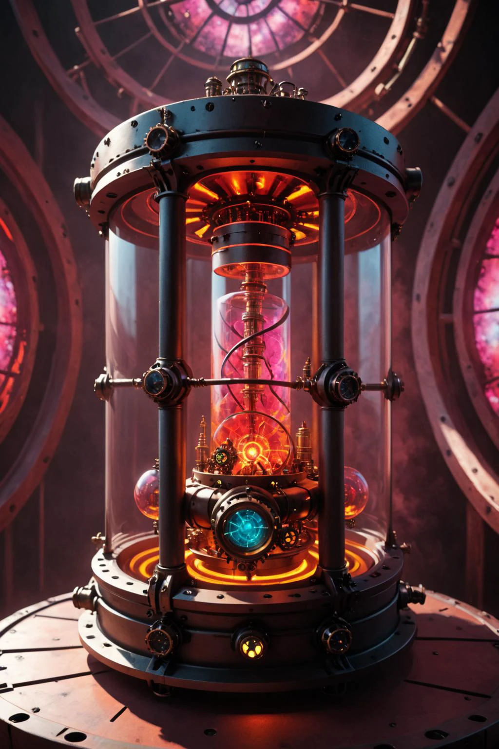 contained color, Voidgate inside of a large helix steampunk container with (red tinted glass), <lora:Contained_Color_SDXL:1> <lora:Painted World-000006:0.3> painted world, Octane render blender 8D