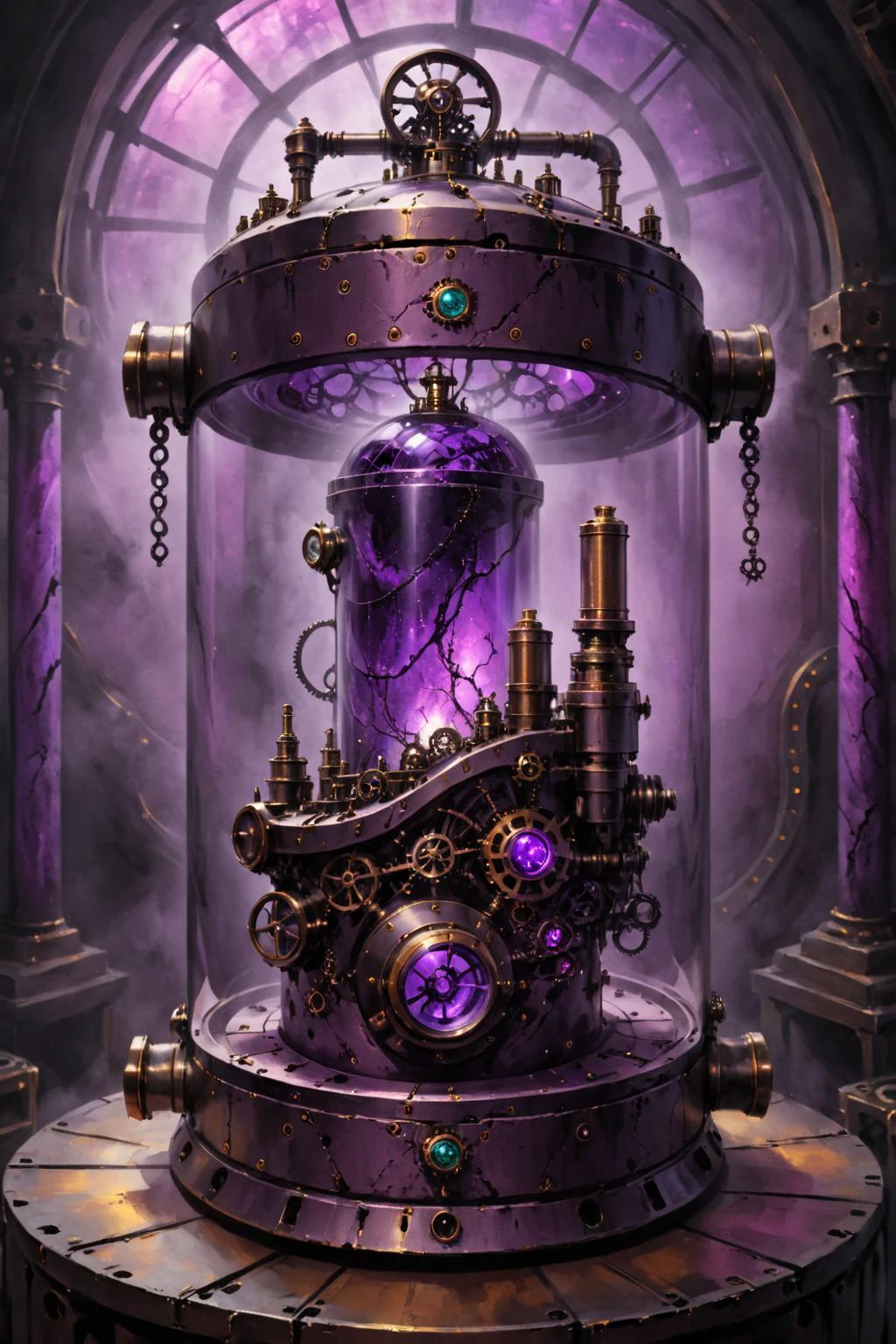 contained color, Hand of Erebos inside of a large steampunk container with (purple tinted glass), <lora:Contained_Color_SDXL:1> <lora:Painted World-000006:0.3> painted world,