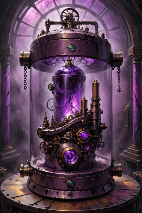 contained color, Hand of Erebos inside of a large steampunk container with (purple  tinted glass), <lora:Contained_Color_SDXL:1> <lora:Painted World-000006:0.3> painted world,