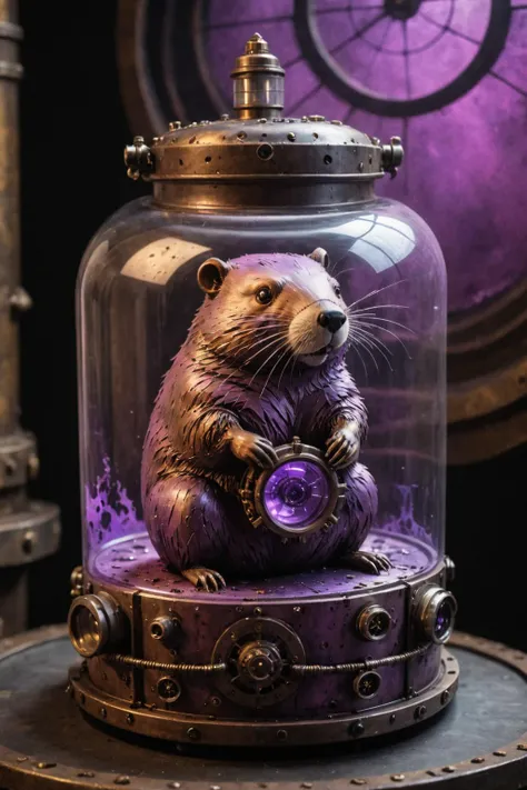 contained color, a beaver inside of a large steampunk container with (purple tinted glass), <lora:Contained_Color_SDXL:1> viscien lyx painting style 2b, > style in coron marc catalog catalogue noviaso painting part by carla rops por las piernas abiertas de viviertatur istic prechre ornation point hortography by jan urhoff