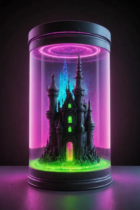 contained color, a colorful castle in a large cylindrical rectangular cyberpunk container with (neon green glass) , rainbow substance,<lora:Contained_Color_SDXL:.7>
