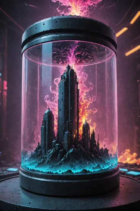 contained color, underwater background, cyberpunk city in a retrowave glass futuristic container, colorful smoke, colorful fire <lora:Contained_Color_SDXL:1>