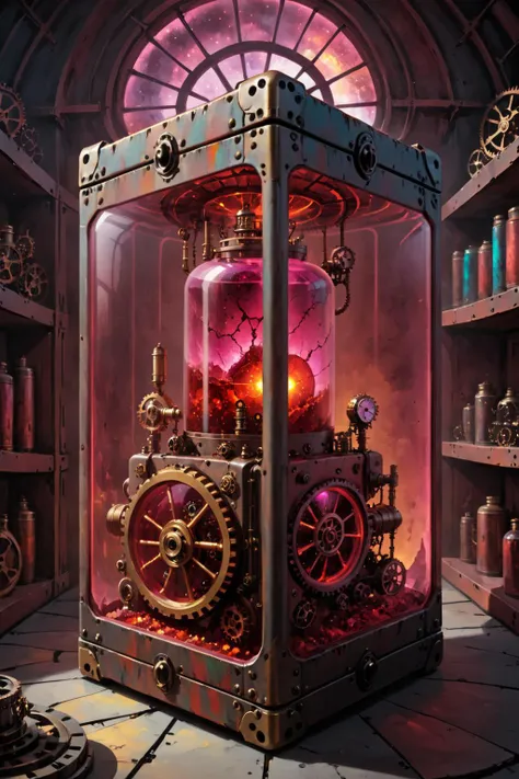 contained color, Weight of the Land inside of a large rectangular steampunk container with (red tinted glass), <lora:Contained_Color_SDXL:1> <lora:Painted World-000006:0.3> painted world, illustrated as 3.9 render 5.6 and official store shelves will start