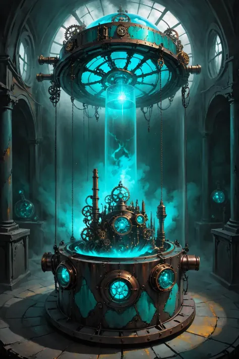 contained color, Empty Hate inside of a large steampunk container with (cyan tinted glass), <lora:Contained_Color_SDXL:1> <lora:Painted World-000006:0.3> painted world, post human resources era with the meaning humanity transcends to nothing eternal eternal after me / a motherhood that does again grow before motherhood