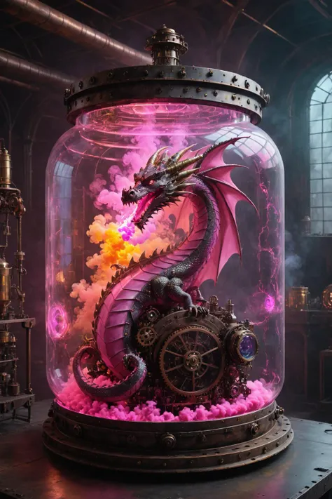 contained color, a dragon in a large abstract steampunk container with (pink glass) , neon smoke,<lora:Contained_Color_SDXL:1>