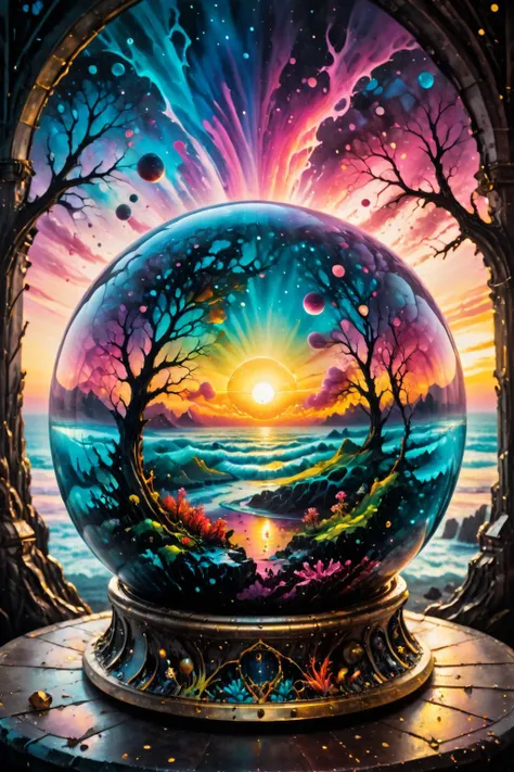 <lora:xl_more_art-full_v1:0.7>, (best quality:1.5), (hyperrealism:1.3), (intricate emotional details:1.5), (ultra detailed), (sharp focus), (sharp details), detailed digital illustration of a Dream realm altering reality perceptions inside a glass sphere, <lora:Contained_Color_SDXL:1>, Contained Color, <lora:IPXL_v8:0.7> inkpunk style
