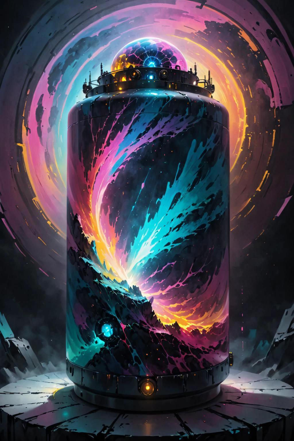 contained color, a Hawking Radiation made of ethereal , on a fractalite layer of nature , realistic in a large cyberpunk container with (retro glowing glass) ,<lora:Contained_Color_SDXL:1> <lora:Painted World-000006:0.5> painted world, colorful splashes