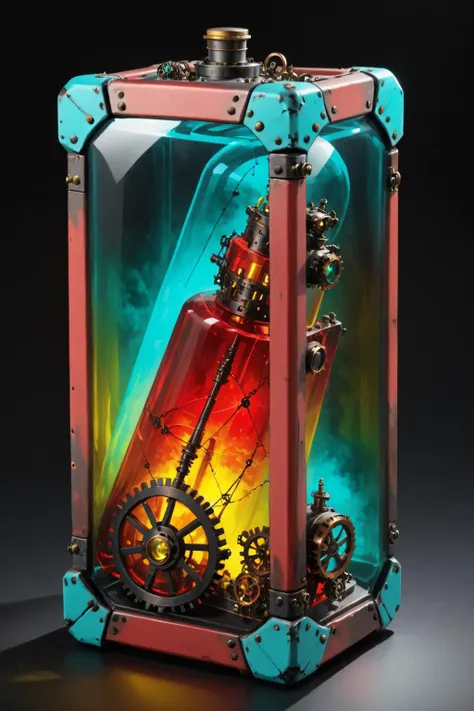 contained color, Limit Cut inside of a large rectangular steampunk container with (teal  tinted glass), <lora:Contained_Color_SDXL:1> <lora:Painted World-000006:0.3> painted world, made sense style # 1 graphic illustration with # black = c166470416: 0070432 comf: Red-yellow red # red & blues = t0