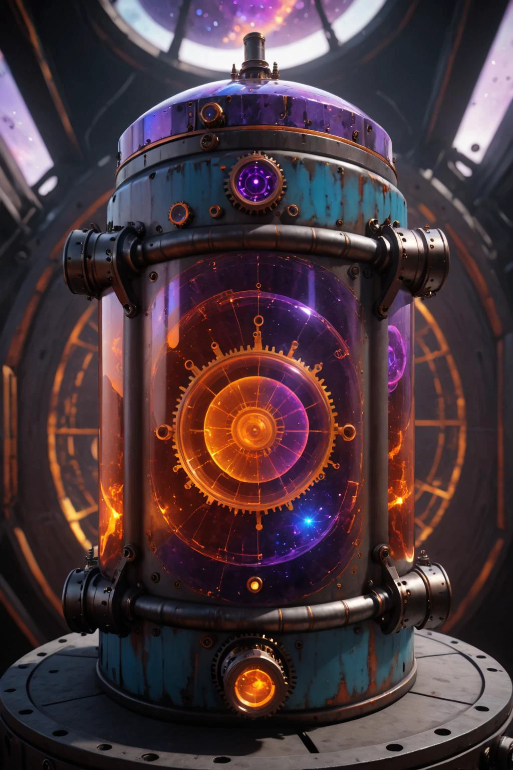 contained color, Compressed Water inside of a cylindrical steampunk container with (purple tinted glass), <lora:Contained_Color_SDXL:1> <lora:Painted World-000006:0.3> painted world, 8hrs, muted blue and grey tone down: 0 oilin 0 % red and white volume shift chromatic aberration red metal bright 2 engine 5d orange space background seamless organic detail coherent text-dll unity coherent polynes 3 joyd animation p3p 8d texture model unreal 5 dpi 5 f