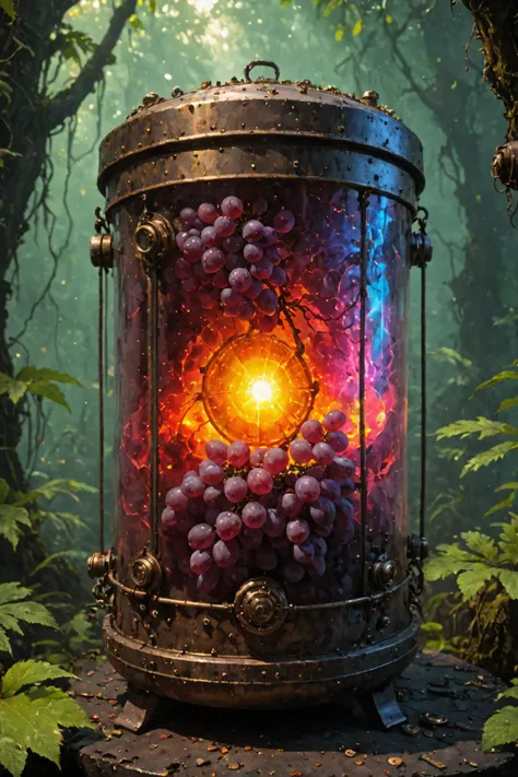 contained color, jungle background, grapes in a large steampunk container with ( red glass), colorful substance ,<lora:Contained_Color_SDXL:1>
