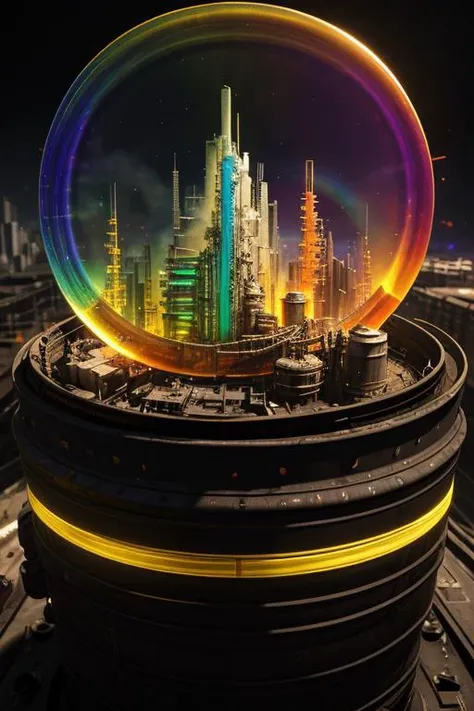 ultra realistic 8k cg, flawless, clean, masterpiece, professional artwork, famous artwork, cinematic lighting, cinematic bloom, (((photo raw)), background), a large rainbow glass cyberpunk container with a construction yard inside, yellow smoke <lora:Contained_Color_SDXL:1>