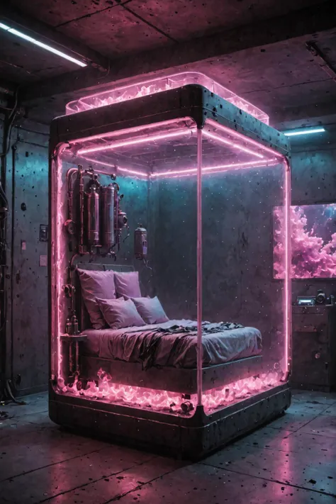 contained color, underwater background, bedroom in a cyberpunk container, colorful smoke, ( pink glass) ,<lora:Contained_Color_SDXL:1>
