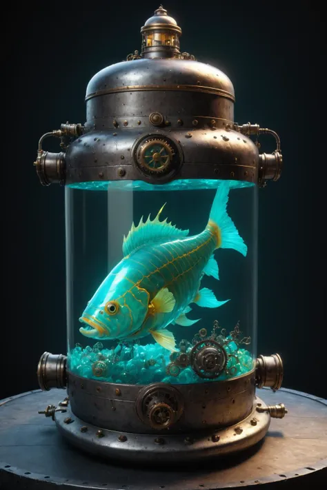 contained color, a big fish inside of a large steampunk container with (cyan  tinted glass), <lora:Contained_Color_SDXL:1>   intricate detail 8K render overlay volume mapped seamless like a bottle by carrick mcde, marius maria hongway of high perspective using gradibular highlights + by range murade trending @skeletonfishbox sci fi concept of hyper perspective+to design a steve thome volume hooded atmosphere material unreal engine lense stylize pop-collage painterly fluid design organic material minimalist h id # vttf 5