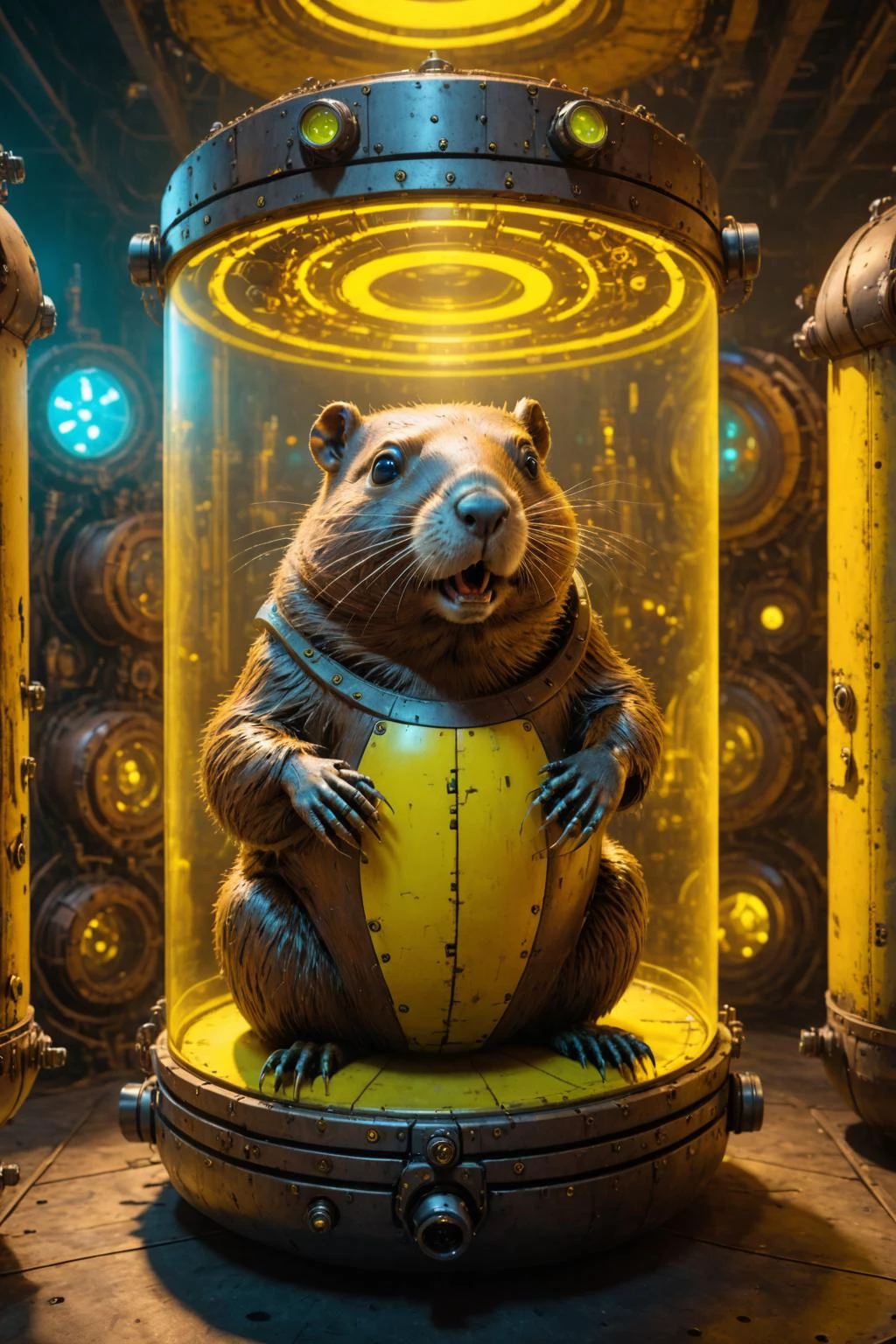 contained color, a beaver inside of a large steampunk container with (yellow tinted glass), <lora:Contained_Color_SDXL:1> themed around one human robot from the 1980s sitting, robots everywhere ï¼ photorealistic high-resolution render ultra mega-detailed, realistic cinematic