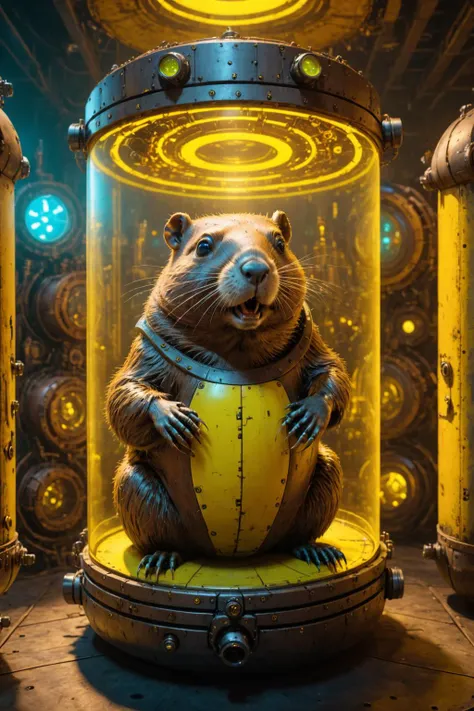 contained color, a beaver inside of a large steampunk container with (yellow  tinted glass), <lora:Contained_Color_SDXL:1>   themed around one human robot from the 1980s sitting, robots everywhere ï¼ photorealistic high-resolution render ultra mega-detailed, realistic cinematic