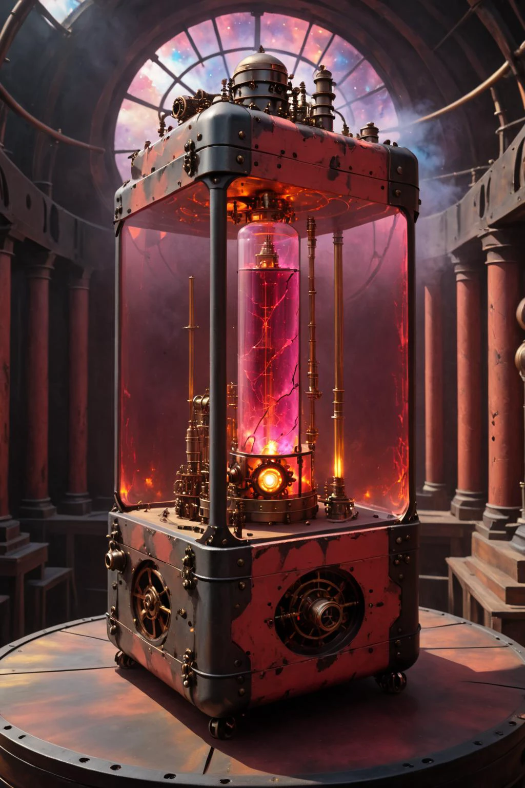 contained color, Magic Artillery Beta inside of a large rectangular steampunk container with (red tinted glass), <lora:Contained_Color_SDXL:1> <lora:Painted World-000006:0.3> painted world, dauhaus world style