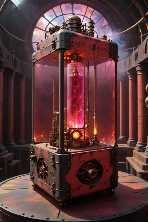 contained color, Magic Artillery Beta inside of a large rectangular steampunk container with (red  tinted glass), <lora:Contained_Color_SDXL:1> <lora:Painted World-000006:0.3> painted world, dauhaus world style