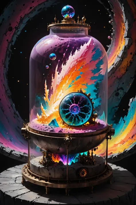 contained color, a we have a Mandelbrot Set and a Enneper Surface , in the foreground we see Apollo in a fractalite appearance with an aura of aether particles, stable diffusion, in a large abstract steampunk container with (colorful glass) ,<lora:Contained_Color_SDXL:1> <lora:Painted World-000006:0.5> painted world, colorful splashes